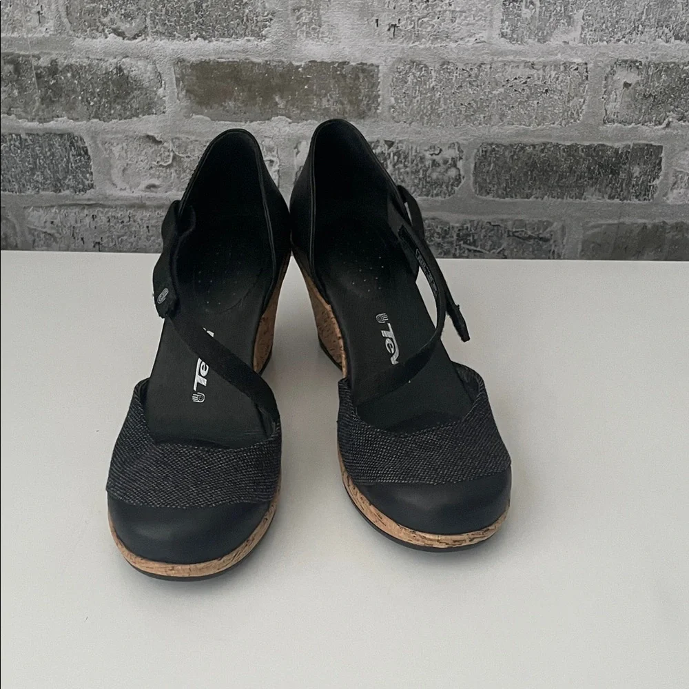 Teva Black Cork Wedge Pumps